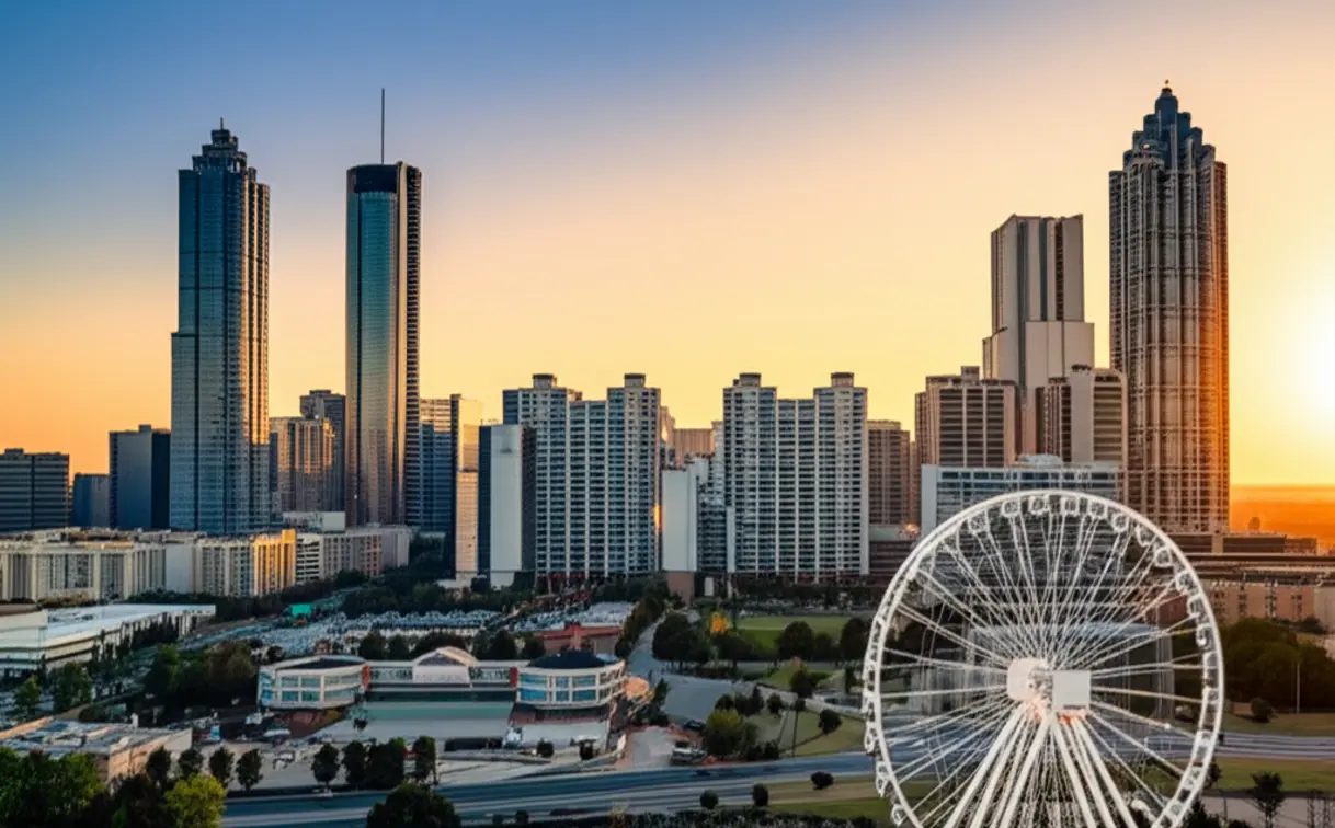 Skyline de Atlanta ao pôr do sol com a roda-gigante SkyView.
