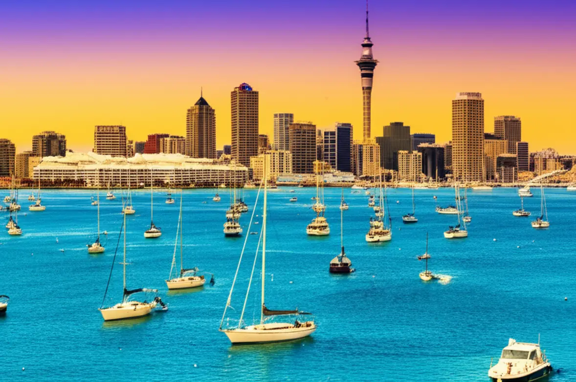 Skyline de Auckland com a Sky Tower e veleiros no porto Waitematā.