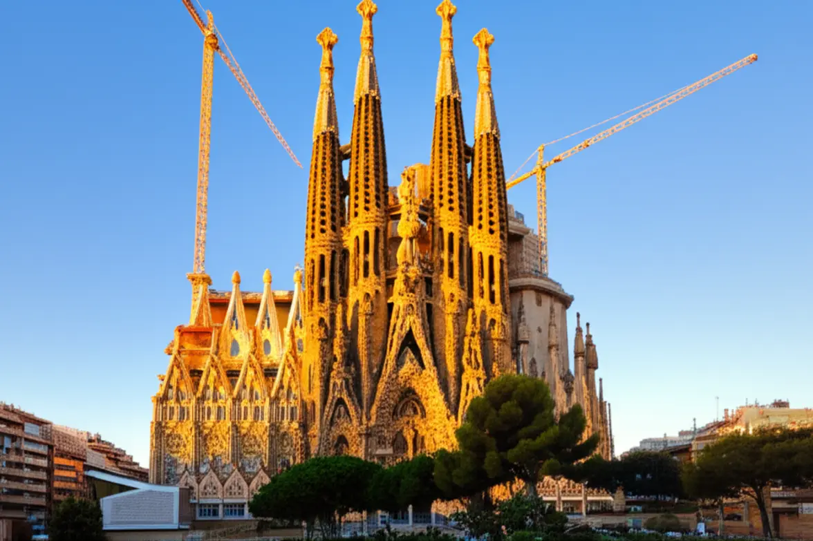 A basílica da Sagrada Família iluminada pelo pôr do sol em Barcelona.