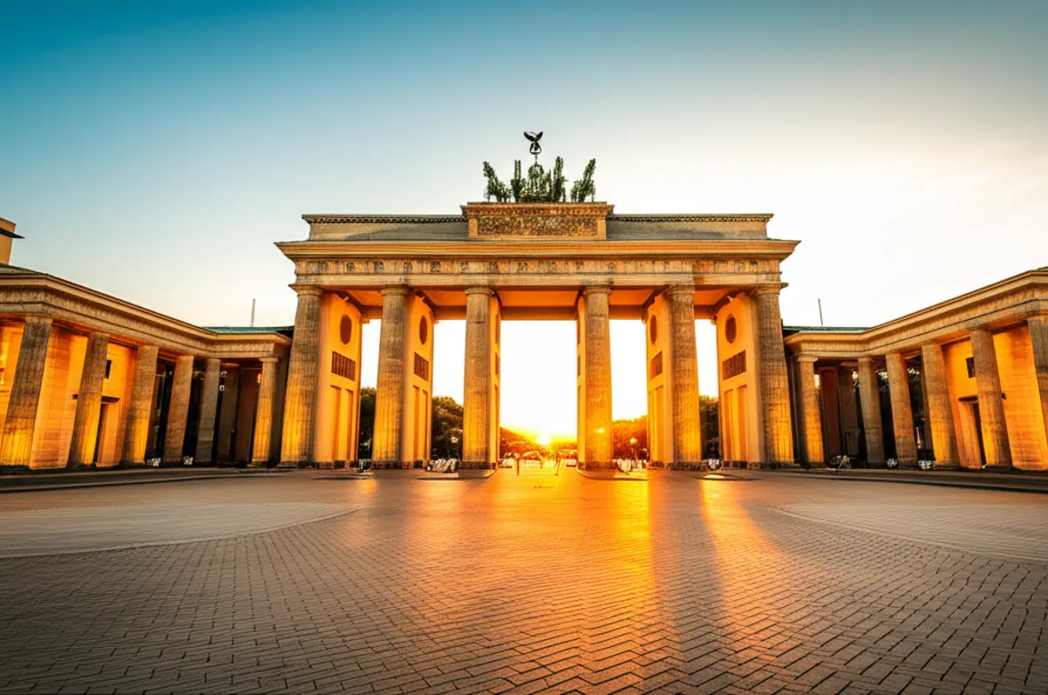 O Portão de Brandemburgo em Berlim iluminado durante o pôr do sol, sem pessoas ao redor.