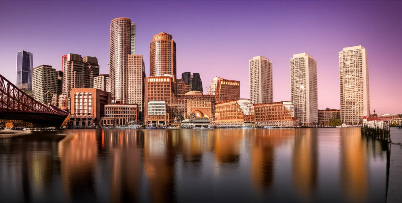 Vista panorâmica do skyline de Boston refletido no Rio Charles durante o pôr do sol.