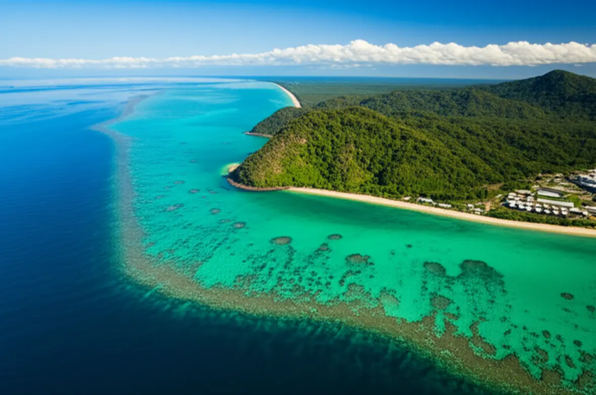 Vista aérea da Grande Barreira de Corais encontrando a floresta tropical verde esmeralda em Cairns.