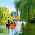 Passeio de barco tradicional no Rio Avon com árvores verdes e prédios ao fundo em Christchurch.
