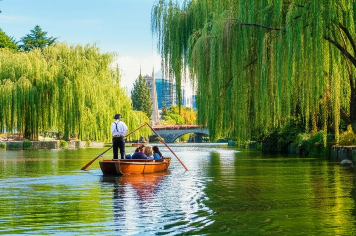 Passeio de barco tradicional no Rio Avon com árvores verdes e prédios ao fundo em Christchurch.