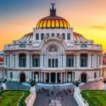 O icônico Palacio de Bellas Artes na Cidade do México sob um céu de pôr do sol dourado.