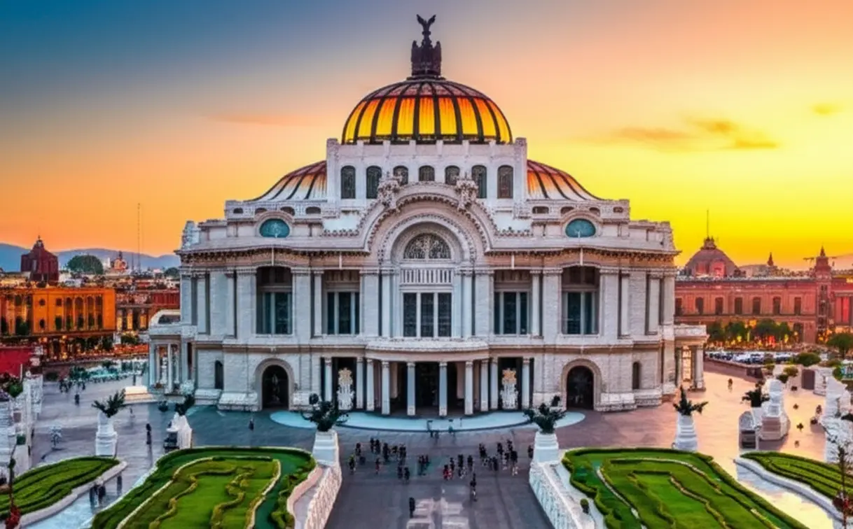 O icônico Palacio de Bellas Artes na Cidade do México sob um céu de pôr do sol dourado.