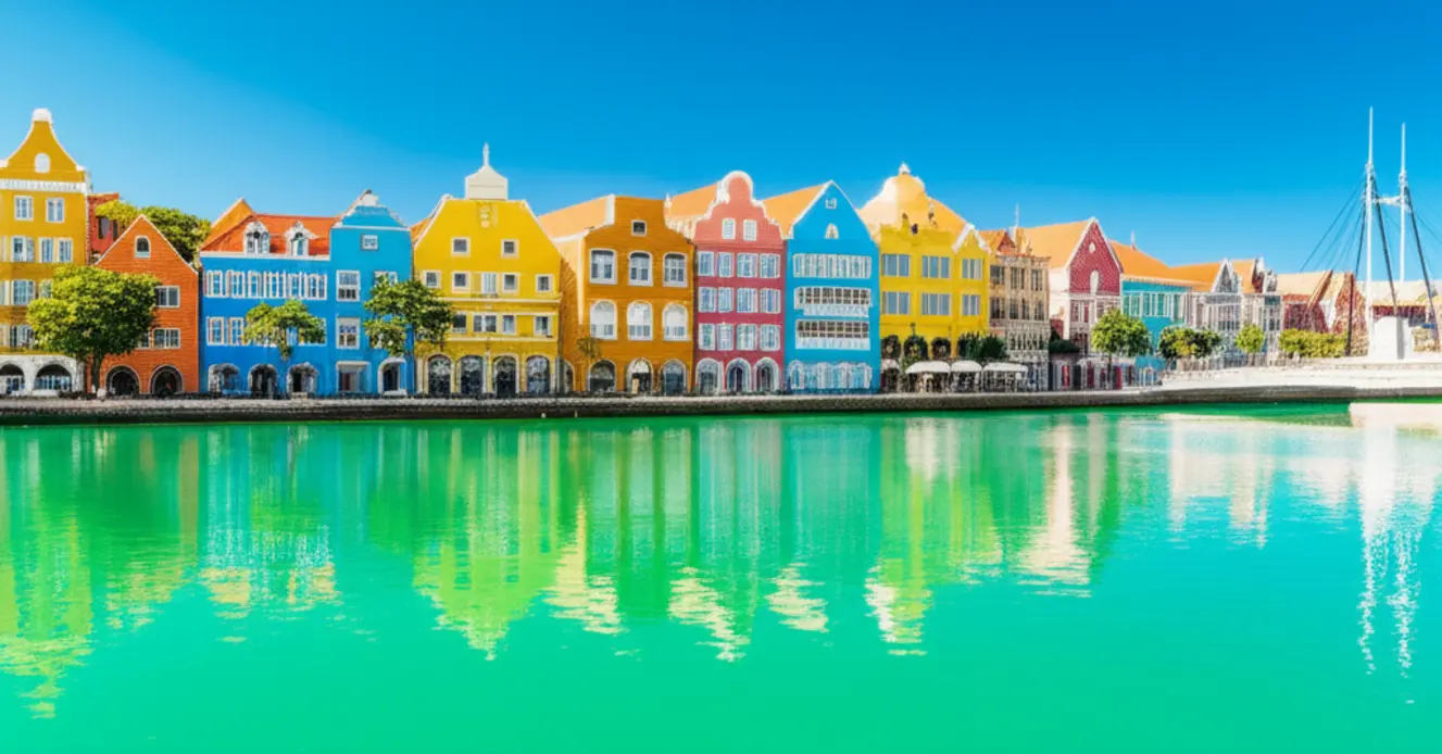 Orla de Handelskade em Willemstad, Curaçao, com seus prédios coloridos icônicos e a Ponte Queen Emma.