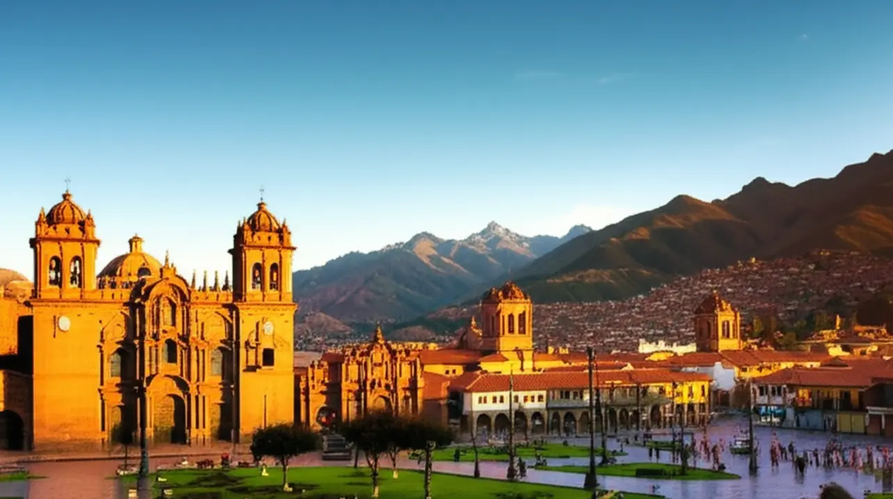 Fotografia da Plaza de Armas em Cusco com a catedral colonial e montanhas.
