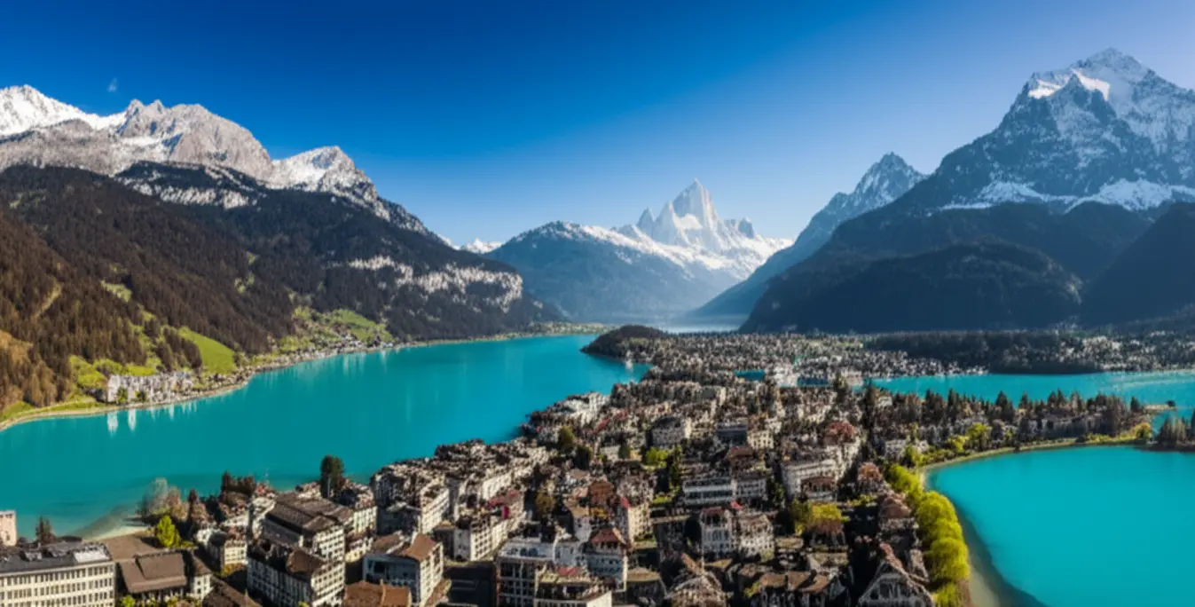 Vista panorâmica aérea de Interlaken, Suíça, entre os lagos Brienz e Thun.