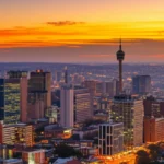 Vista panorâmica do skyline de Joanesburgo durante o pôr do sol dourado.