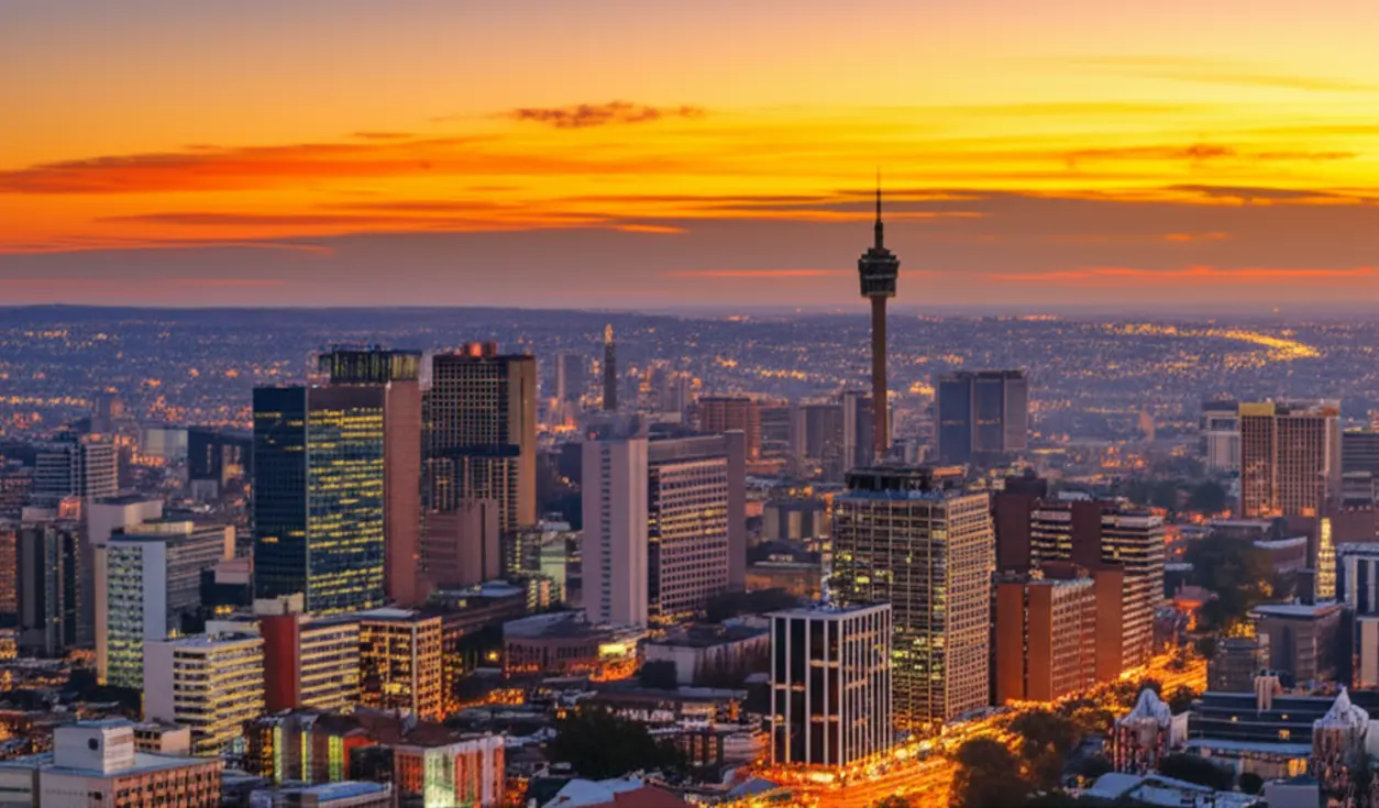 Vista panorâmica do skyline de Joanesburgo durante o pôr do sol dourado.