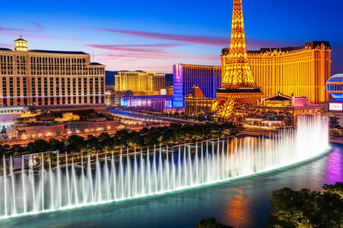 Panorama da avenida principal de Las Vegas com fontes de água e réplica da Torre Eiffel.