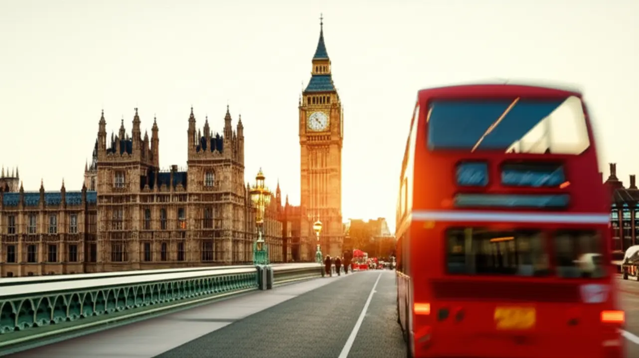 Big Ben e um ônibus vermelho cruzando a ponte de Westminster em Londres.