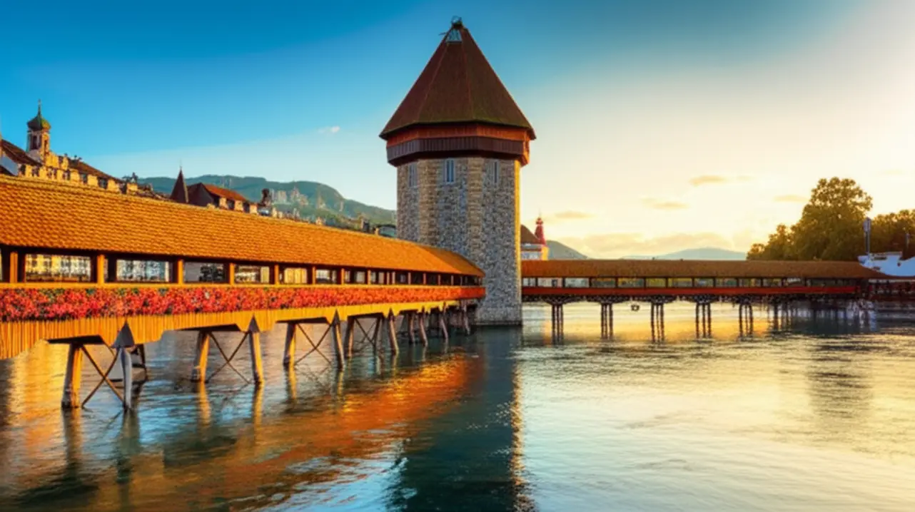A icônica Ponte da Capela (Kapellbrücke) em Lucerna com o Monte Pilatus ao fundo.