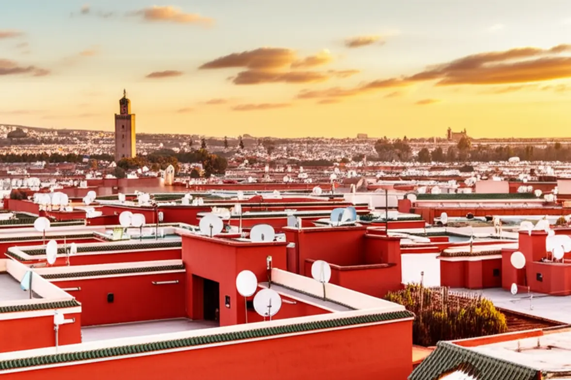 Vista panorâmica de Marraquexe ao pôr do sol com a Mesquita Koutoubia ao fundo.