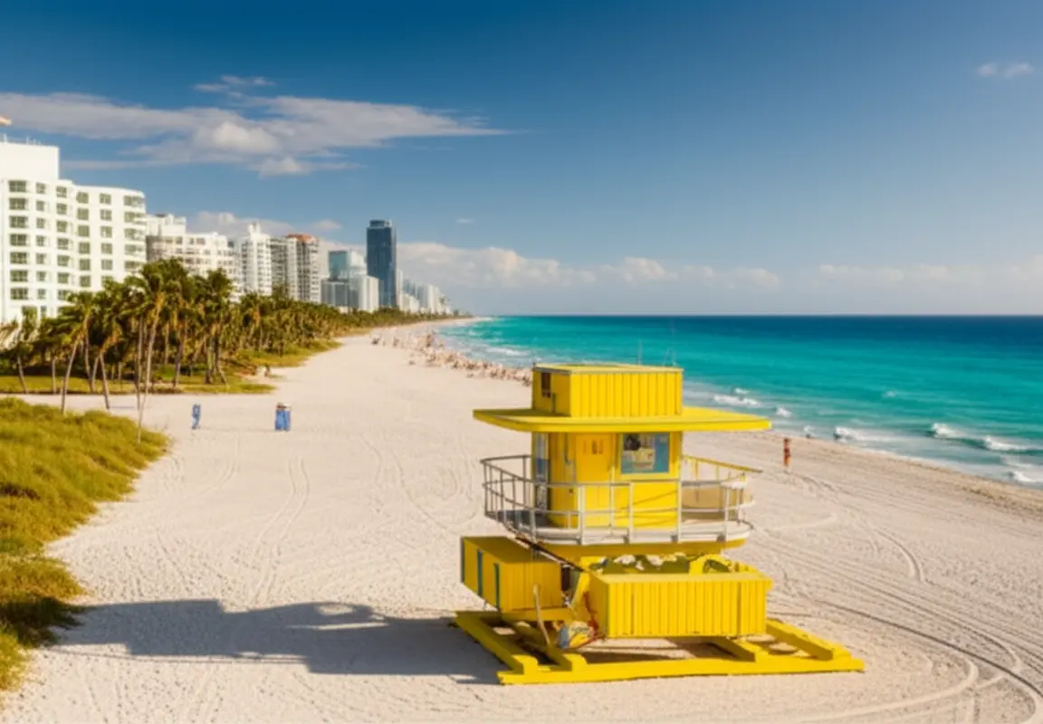 Vista aérea da praia de South Beach em Miami com mar azul e casinha de salva-vidas colorida.