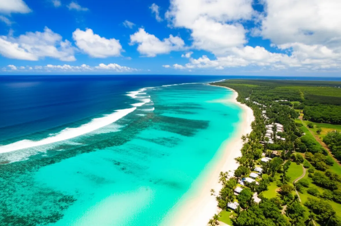 Vista panorâmica aérea das praias e recifes de coral em Nadi, Fiji, sob um céu ensolarado.