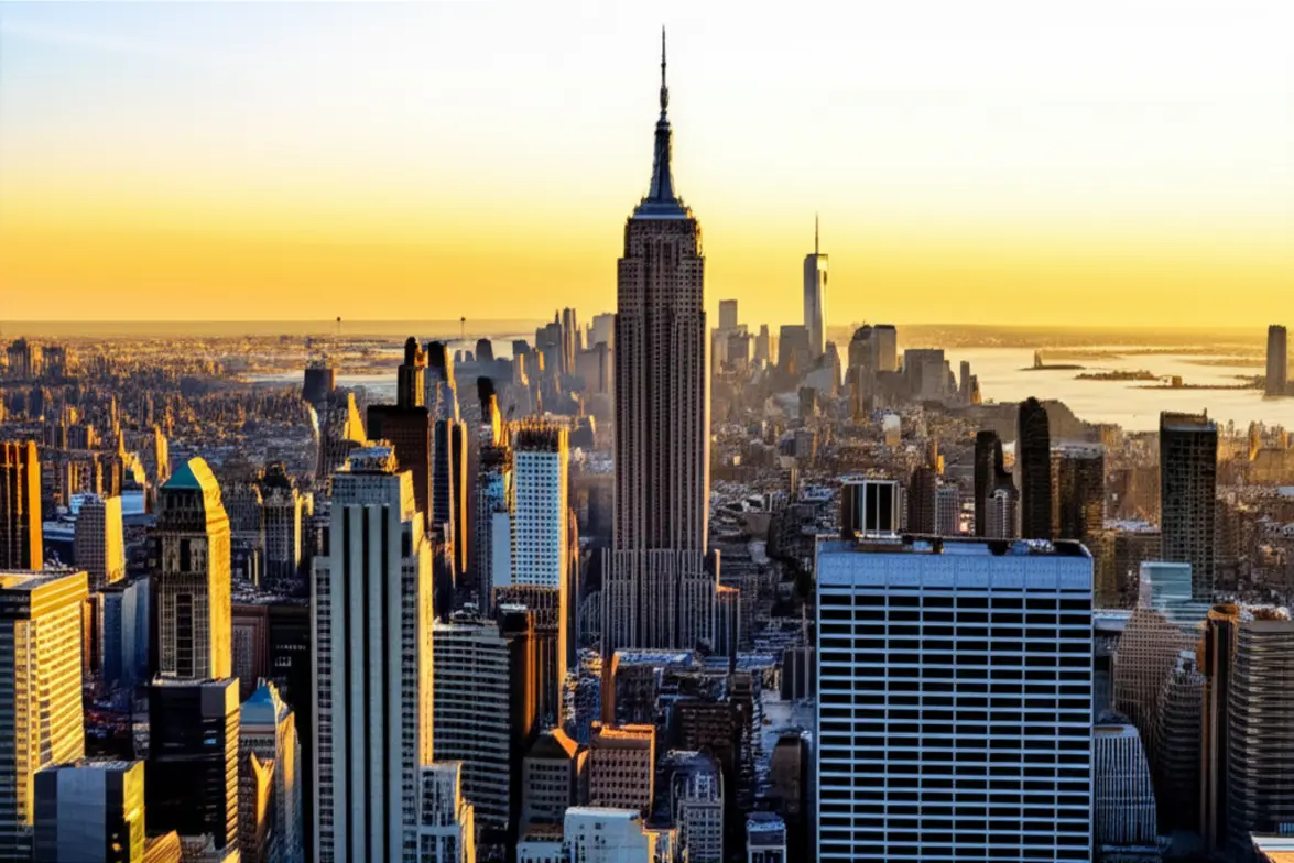 Vista panorâmica do skyline de Nova York com o Empire State Building sob um céu de pôr do sol alaranjado.