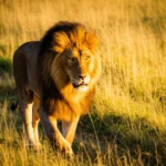 Um majestoso leão macho caminha pela savana dourada do Parque Nacional Kruger ao pôr do sol.