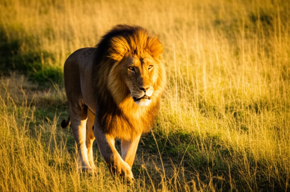 Um majestoso leão macho caminha pela savana dourada do Parque Nacional Kruger ao pôr do sol.