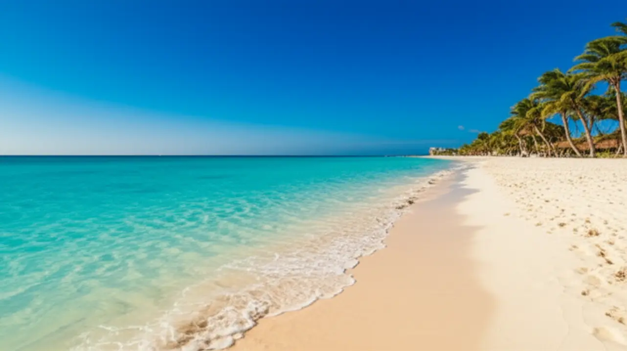 Praia paradisíaca de Playa del Carmen com mar azul-turquesa e areia branca.
