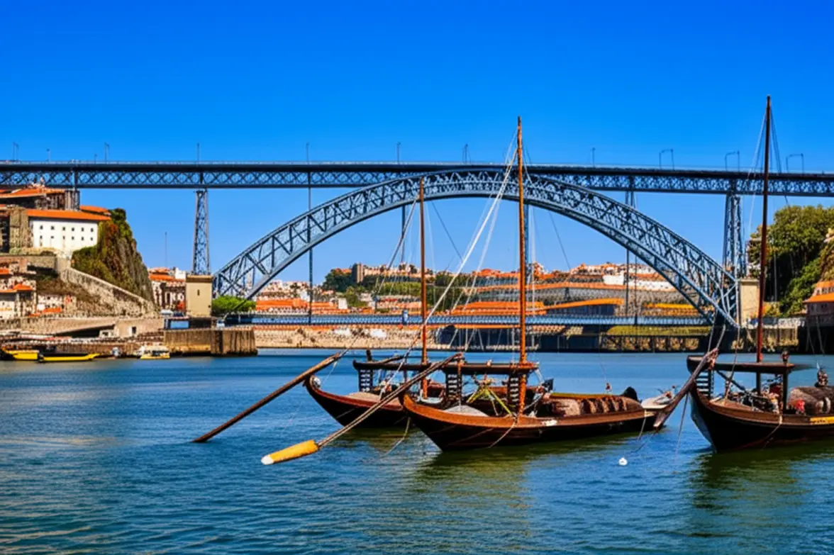Vista aérea da Ribeira do Porto com a Ponte Dom Luís I ao fundo.