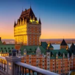 Vista panorâmica do hotel Fairmont Le Château Frontenac em Quebec City durante o pôr do sol.