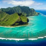 Vista aérea da ilha de Rarotonga com sua lagoa azul e montanhas verdes.
