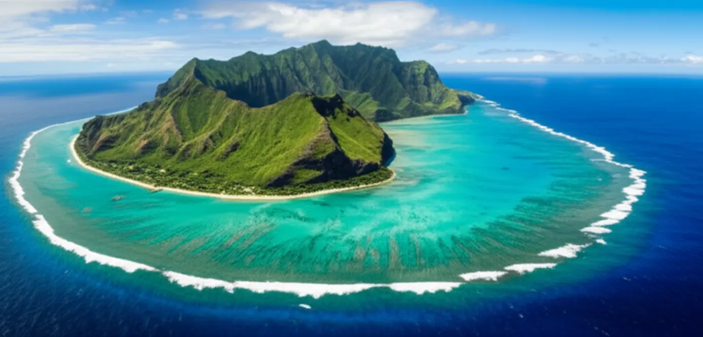 Vista aérea da ilha de Rarotonga com sua lagoa azul e montanhas verdes.