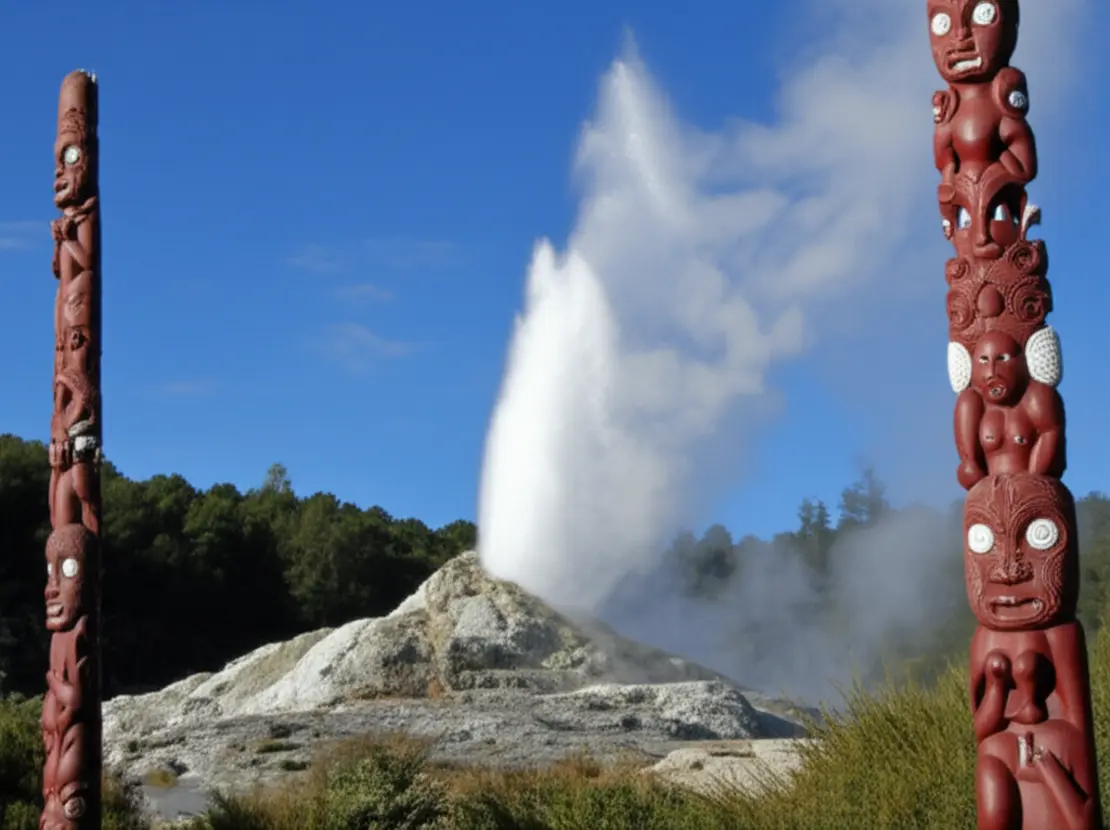 Gêiser Pohutu em erupção ao lado de esculturas tradicionais Maori em Rotorua.