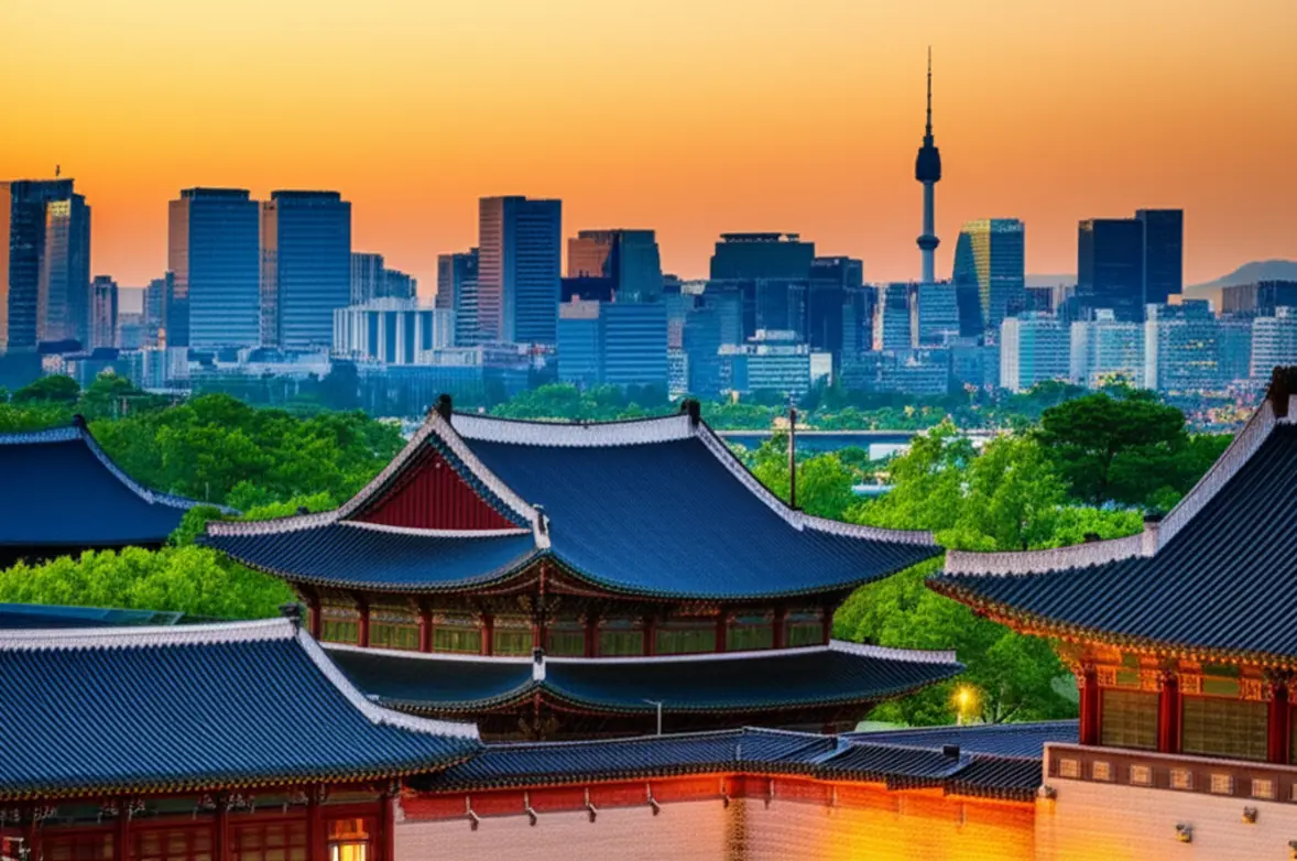 Panorama urbano de Seul unindo palácios tradicionais e arranha-céus modernos.