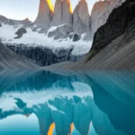 Vista panorâmica das três torres de granito refletidas na lagoa ao amanhecer.