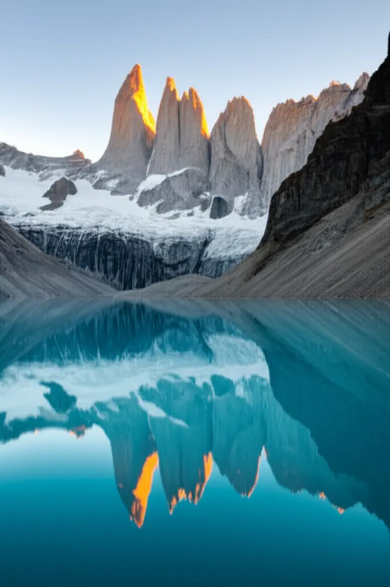 Vista panorâmica das três torres de granito refletidas na lagoa ao amanhecer.