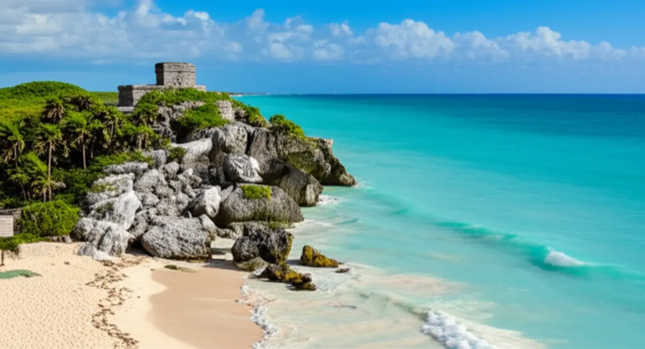 As ruínas maias de Tulum com o mar azul-turquesa ao fundo.