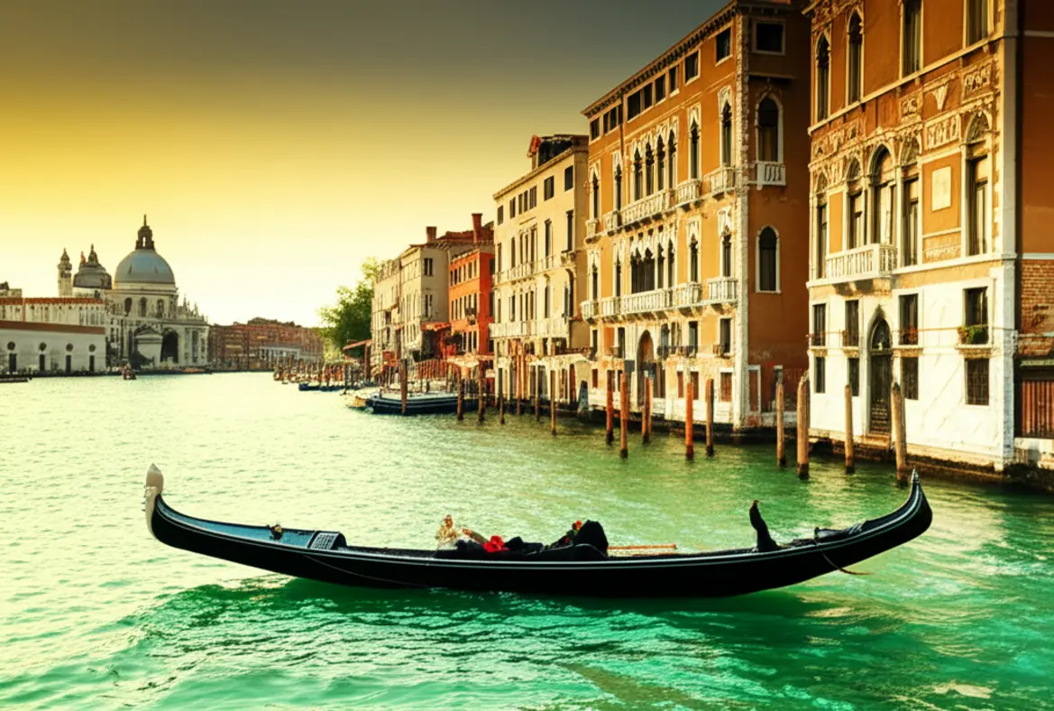 Gôndola solitária no Grande Canal de Veneza ao pôr do sol.