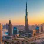Skyline de Dubai com o Burj Khalifa ao pôr do sol em estilo fotográfico profissional.