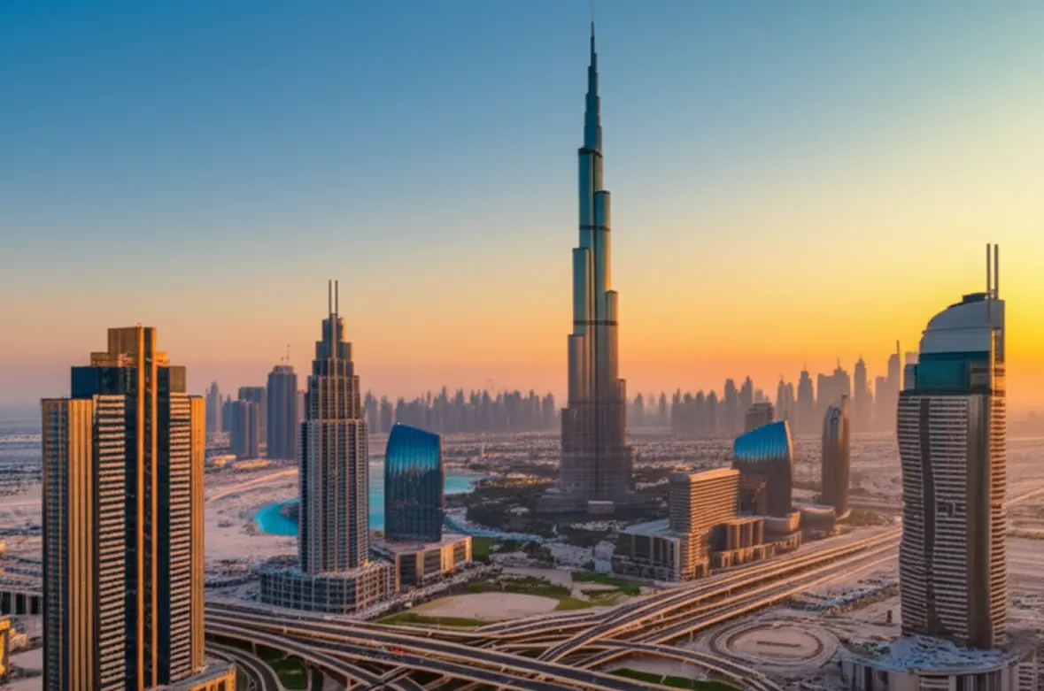 Skyline de Dubai com o Burj Khalifa ao pôr do sol em estilo fotográfico profissional.
