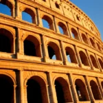 O Coliseu de Roma ao pôr do sol em uma composição limpa e majestosa.