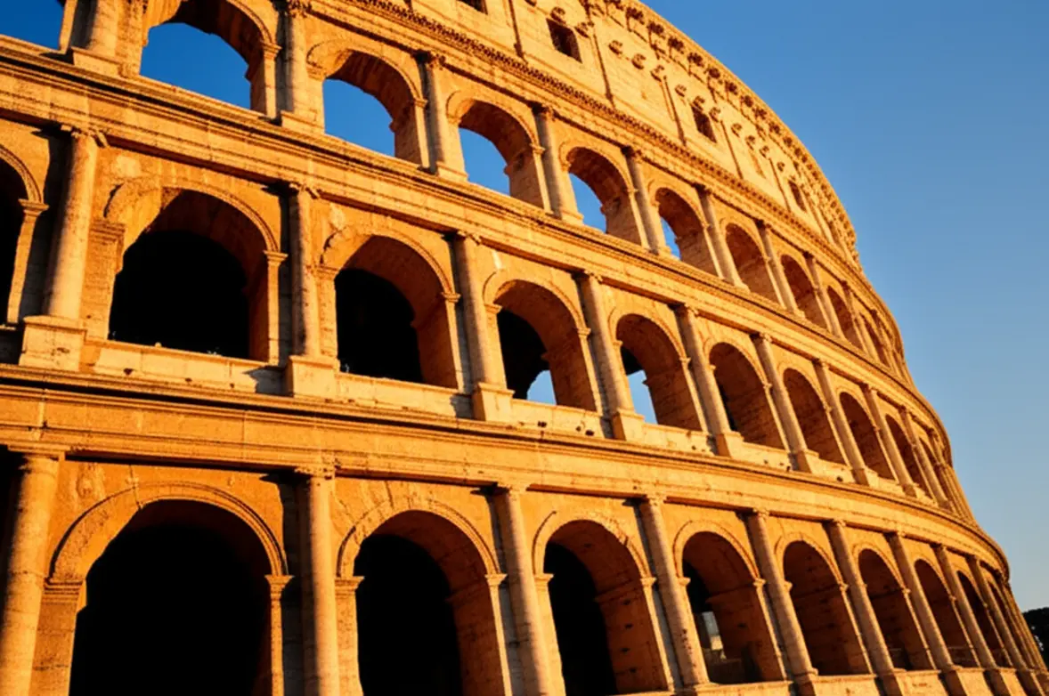 O Coliseu de Roma ao pôr do sol em uma composição limpa e majestosa.