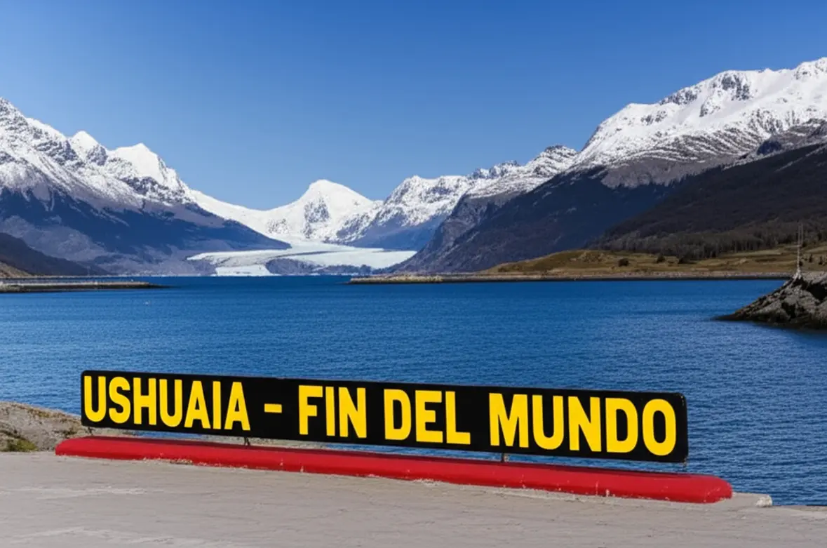 Placa clássica do Fim do Mundo em Ushuaia com montanhas ao fundo.