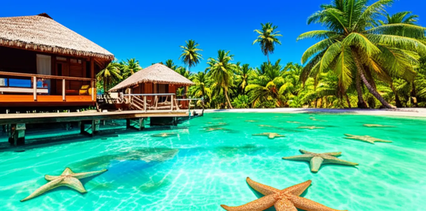 Bangalô de luxo sobre as águas cristalinas de Bocas del Toro, Panamá.