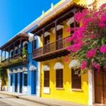 Rua colonial de Cartagena com fachadas coloridas e varandas repletas de flores buganvílias.