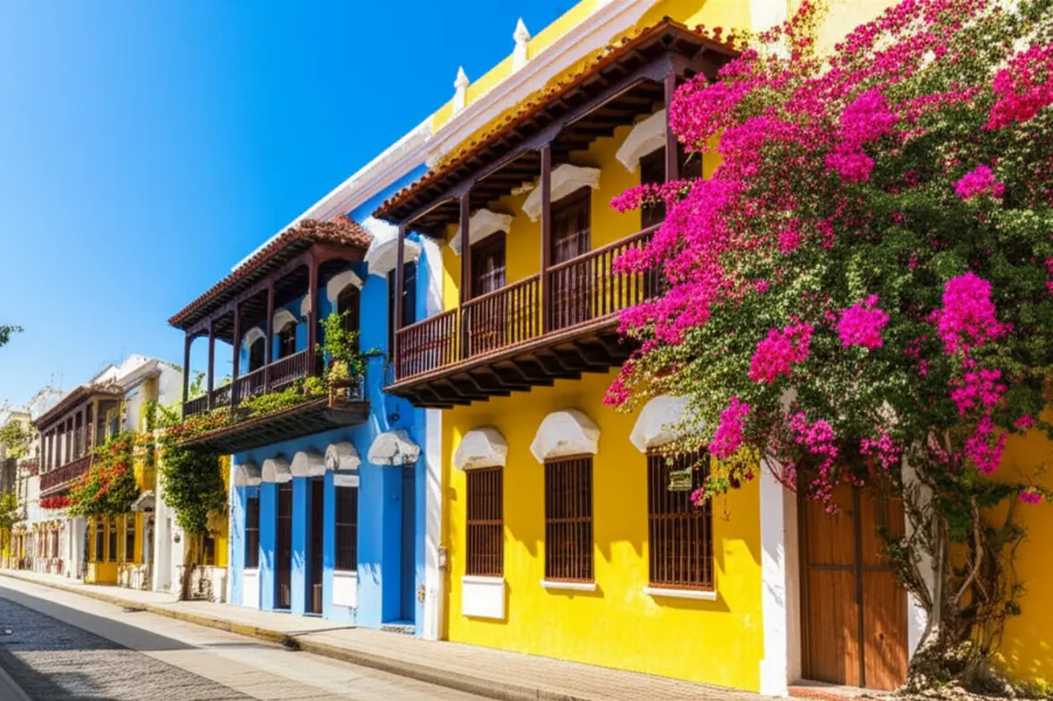 Rua colonial de Cartagena com fachadas coloridas e varandas repletas de flores buganvílias.