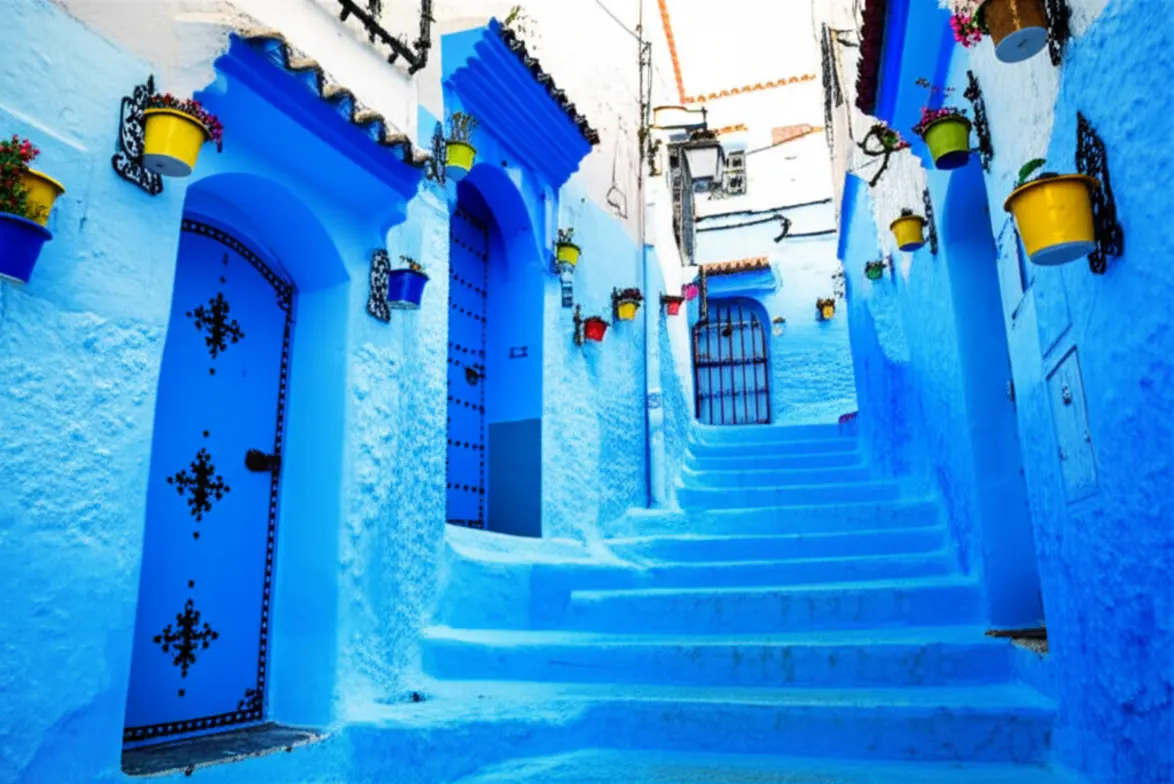Rua estreita e icônica de Chefchaouen com paredes azuis e vasos de flores coloridos.