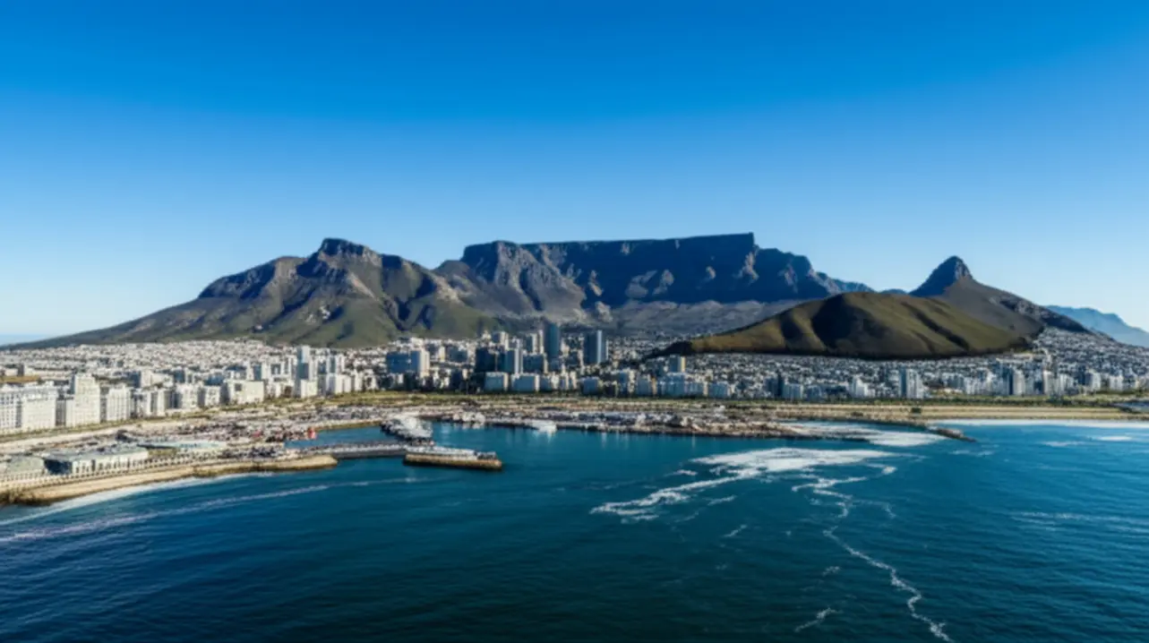 Vista panorâmica da Montanha da Mesa e da cidade da Cidade do Cabo sob um céu azul.
