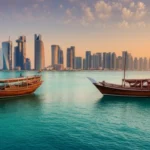 Skyline de West Bay em Doha visto do Corniche com barcos Dhow tradicionais no mar azul.