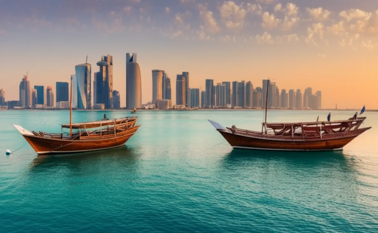 Skyline de West Bay em Doha visto do Corniche com barcos Dhow tradicionais no mar azul.