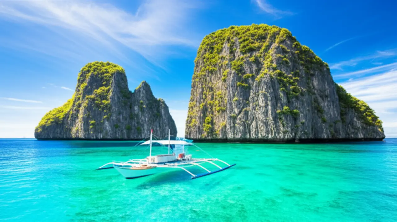 Paisagem paradisíaca de El Nido, Filipinas, com falésias e mar cristalino.