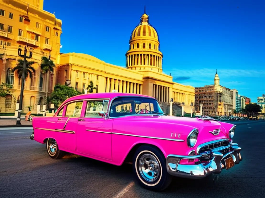 Carro clássico rosa dos anos 50 estacionado em frente ao Capitólio de Havana.
