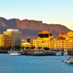 Vista panorâmica da cidade de Hobart, Austrália, com o Monte Wellington ao fundo e o Rio Derwent.